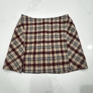 Y2K Plaid Mini Skirt Wool Blend Burgundy Green Cream A-Line Retro Side Slits